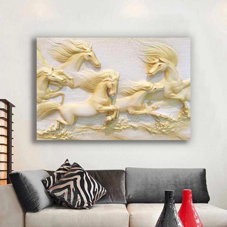 Yeni Stil Sanat Sim İşlemeli Tablolar 50x70 cm Gold Horses - Simli Kanvas Tablo Altın Sim İşlemeli Kanvas Tablo